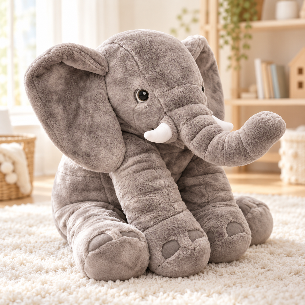 Alden grey elephant plush with large ears and ivory tusks seated on a cream rug.