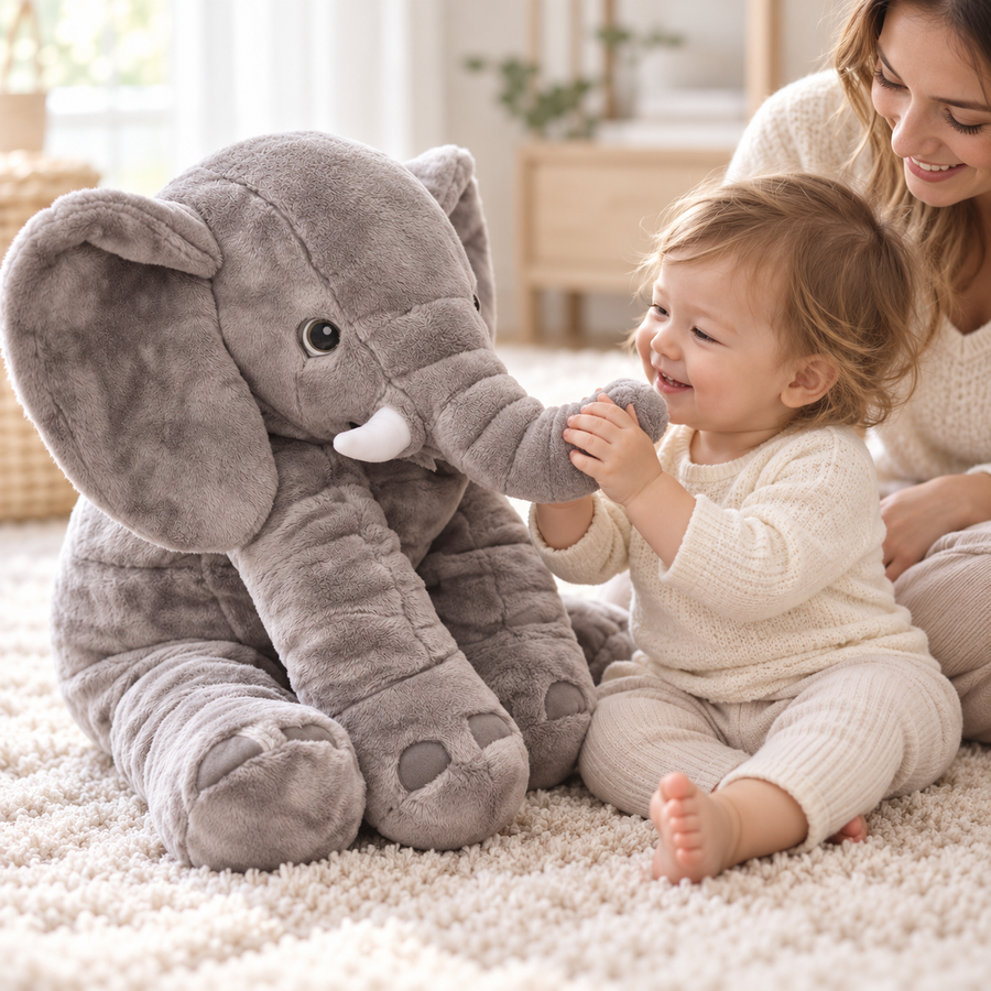 Toddler playing with Alden grey elephant plush beside a parent.
