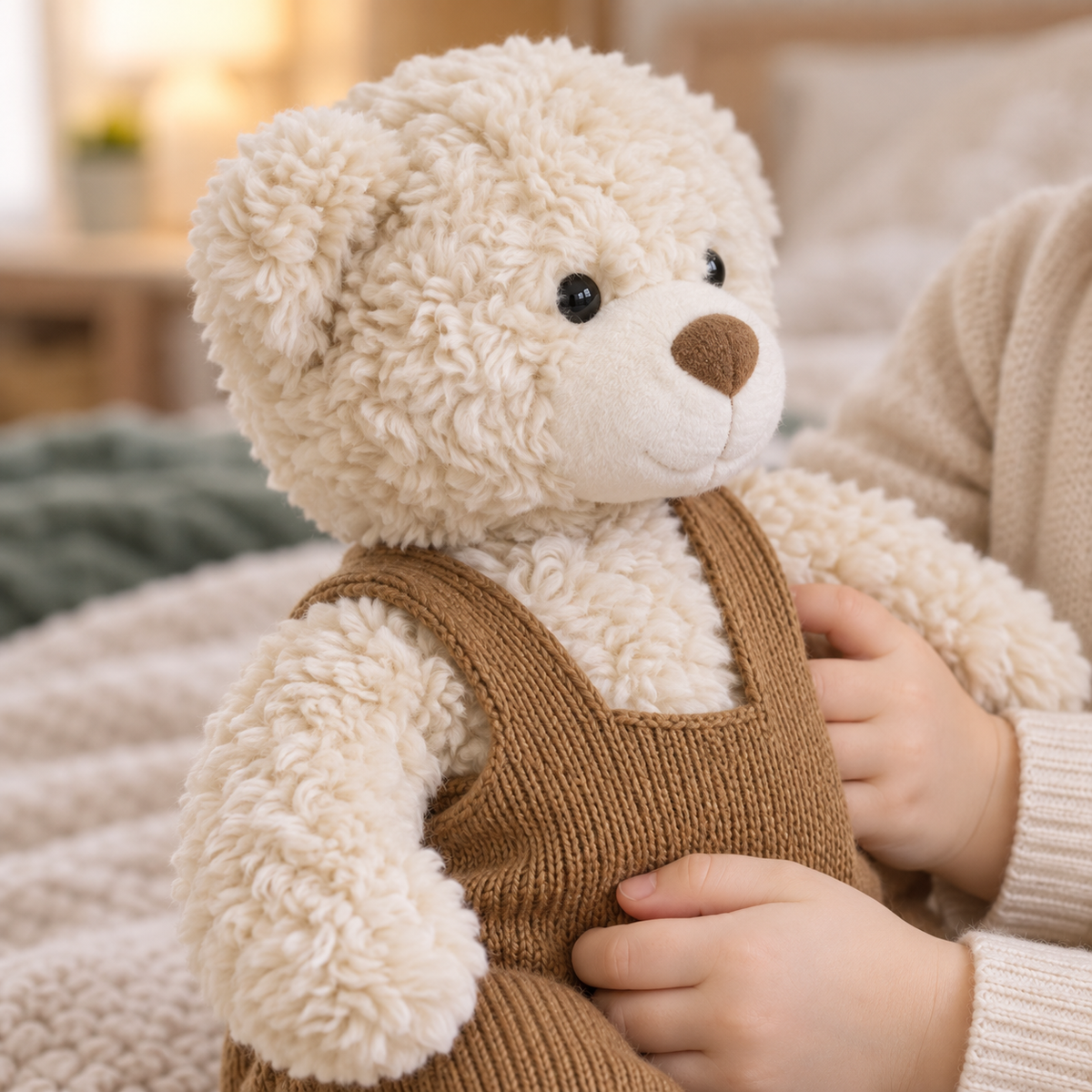 Close-up of Bramwell teddy bear showing cream textured fur and caramel knit overalls.