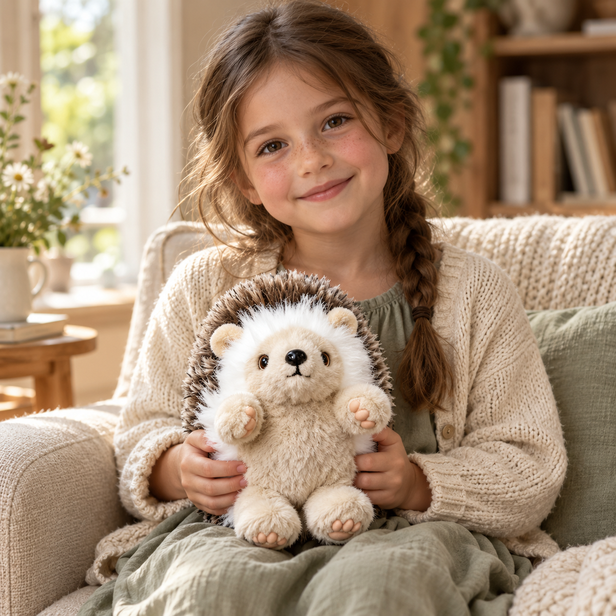 A child holding Briar, the cream and brown hedgehog plush, in a softly lit reading nook.