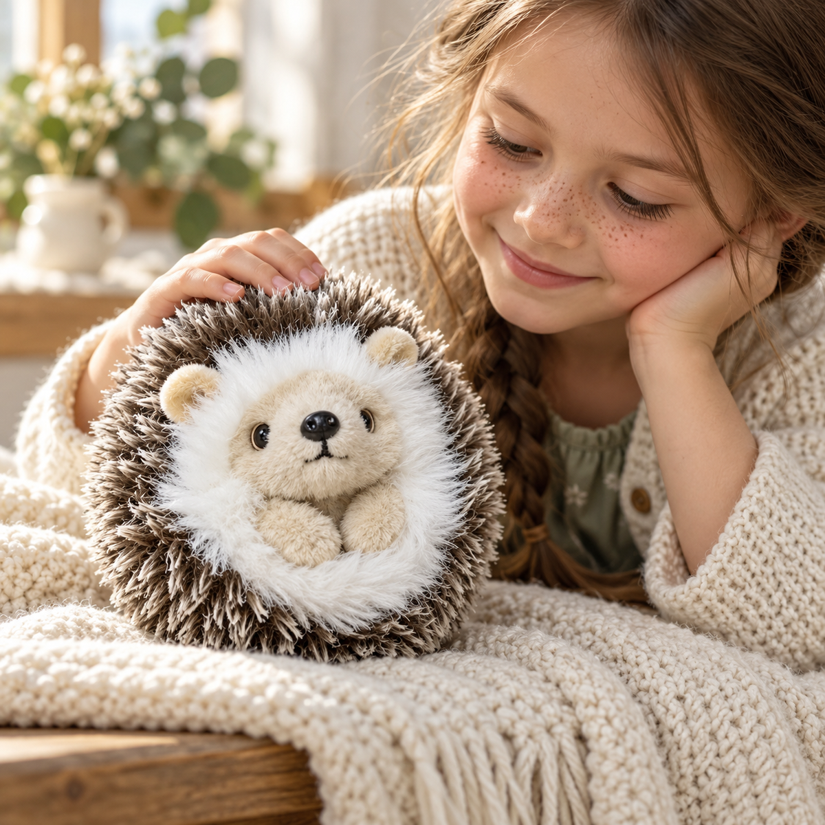 Briar hedgehog plush in its compact curled pose on a cream throw.