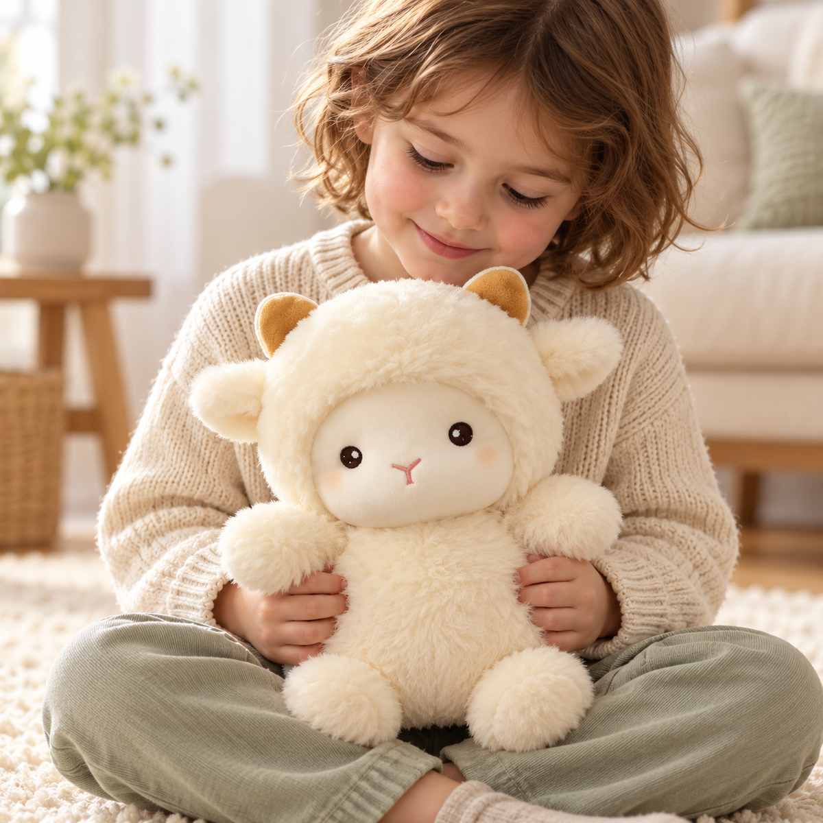 Elwin 25 cm cream lamb plush with golden-toned horns, held by a child on a rug — lifestyle illustration
