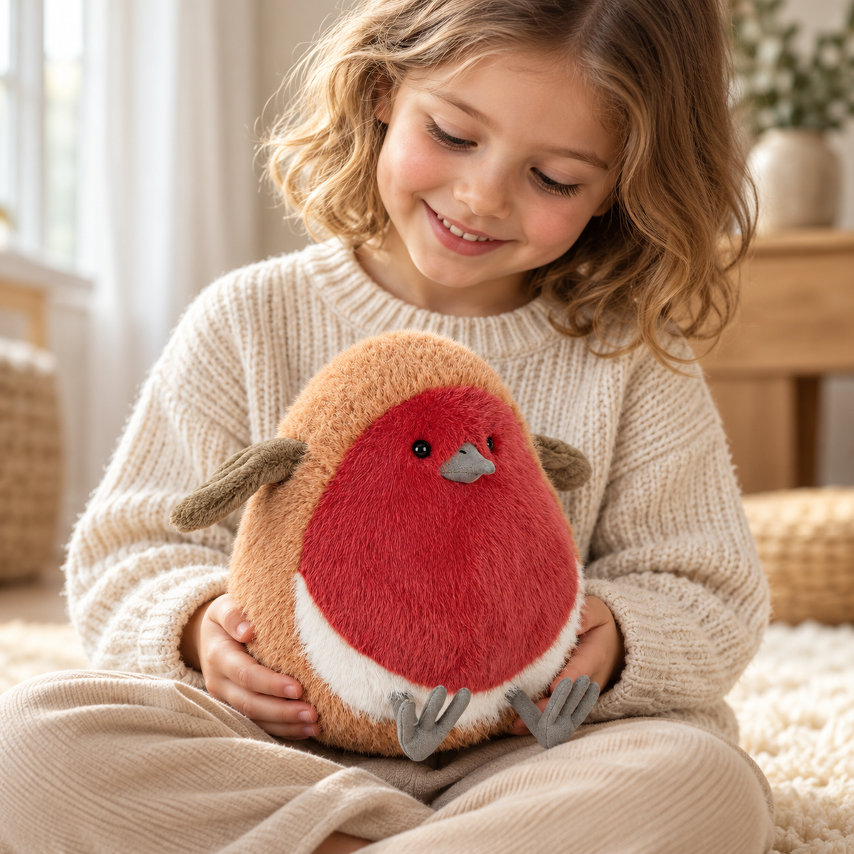 Finlo robin plush held by a child in a bright living room — lifestyle illustration