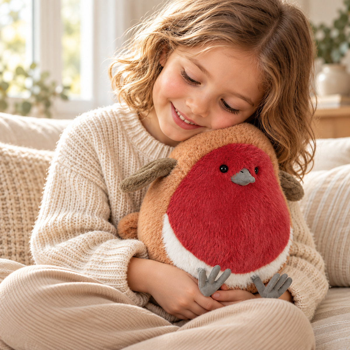 Finlo robin plush cuddled by a child on a linen sofa — lifestyle illustration