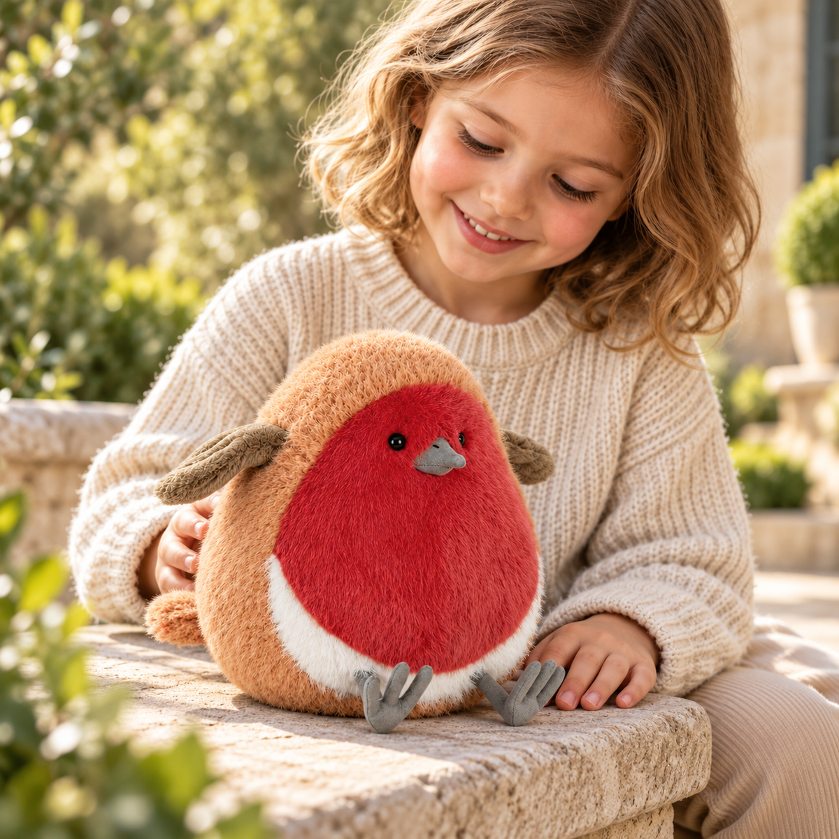 Finlo robin plush with a child in a sunlit garden — lifestyle illustration