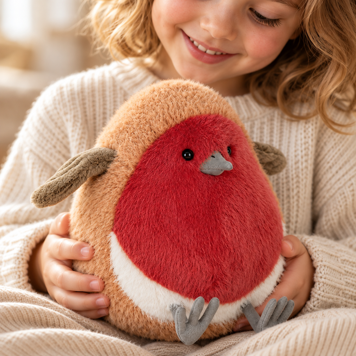 Close-up of Finlo robin plush held by a child, showing the red breast and grey beak — lifestyle illustration
