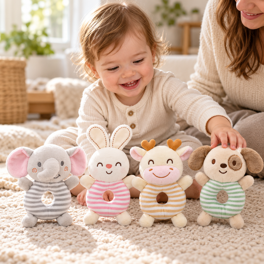 The Little Circle four-piece plush animal ring set with cow, dog, elephant and bunny beside a smiling toddler.