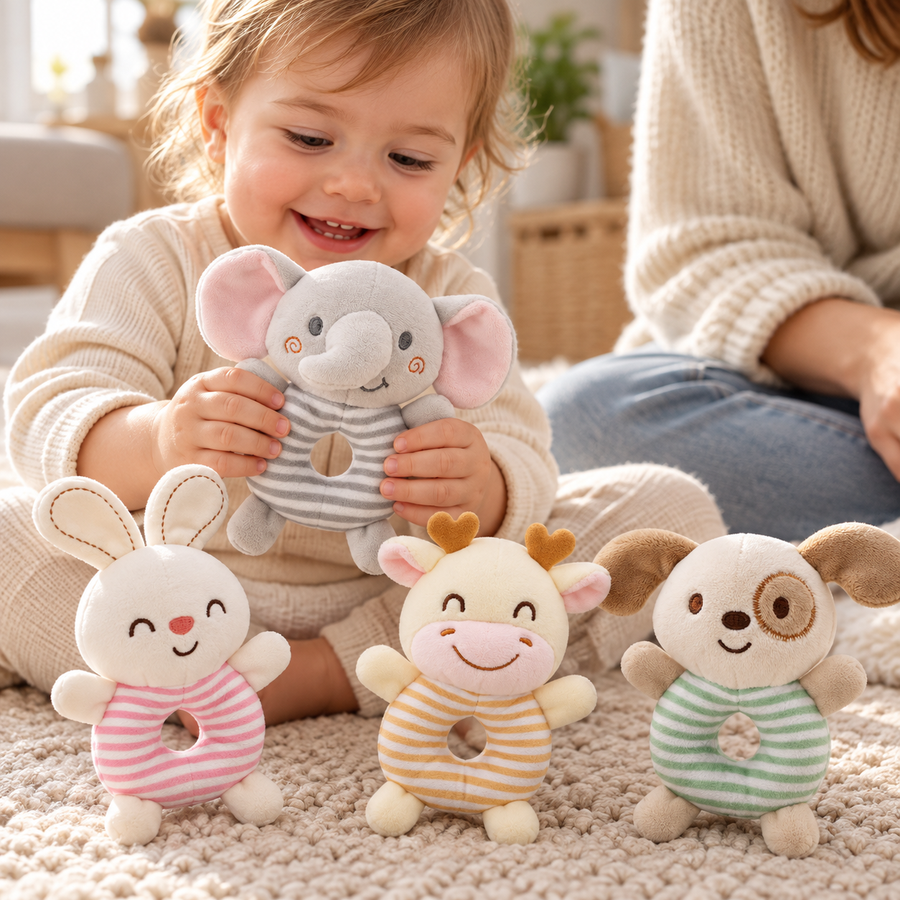 Toddler holding the grey elephant plush ring with the bunny, cow and dog from the complete set in front.