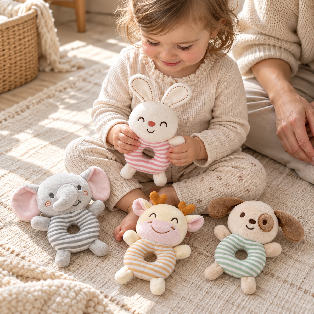 Toddler holding the pink bunny plush ring with the elephant, cow and dog arranged on a neutral play mat.