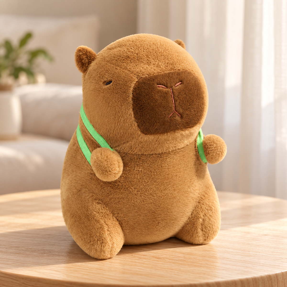 Marlow capybara plush, 25 cm, with green backpack straps on a light wooden table.