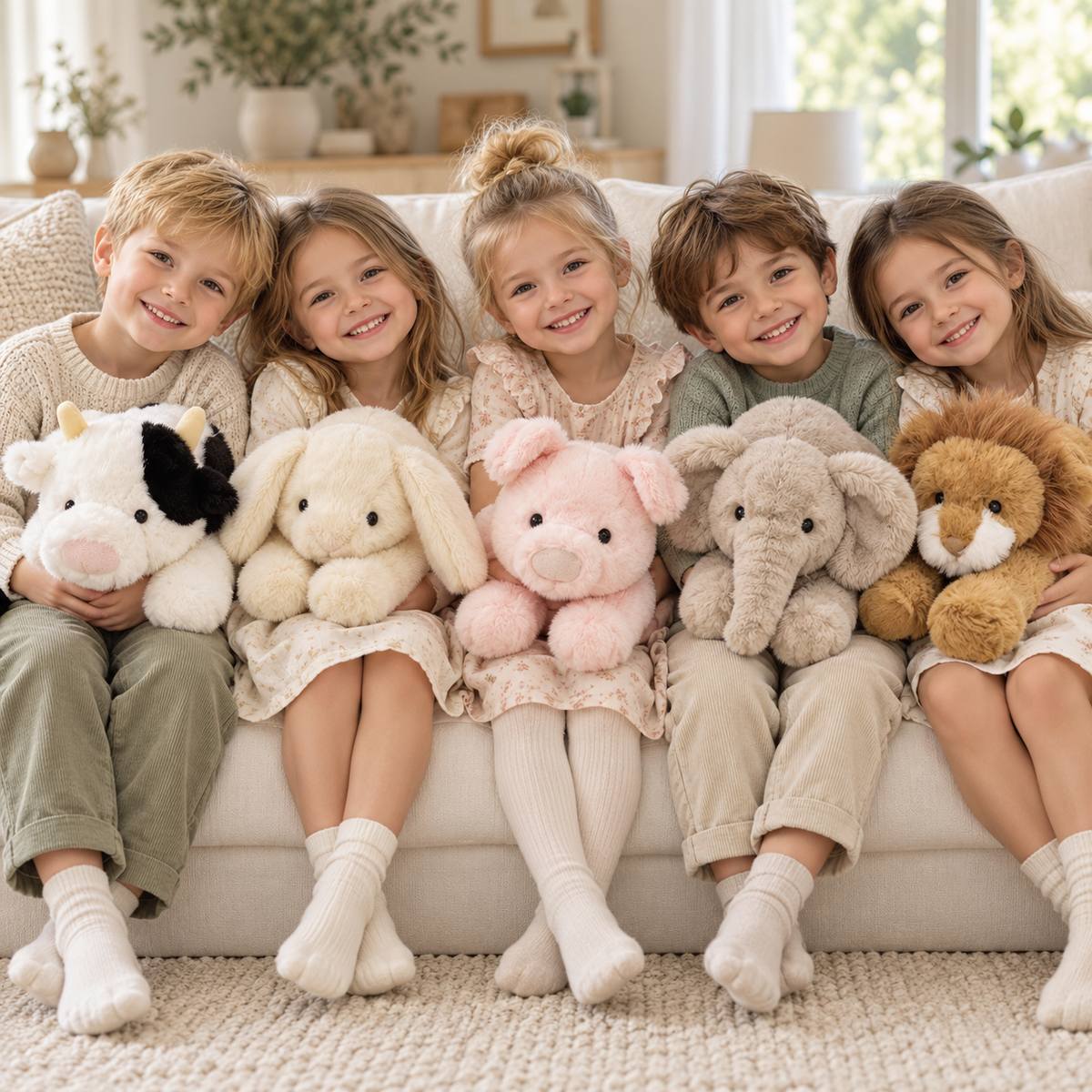 Five children seated on a cream sofa holding the cow, bunny, pig, elephant and lion plush toys, sold individually.