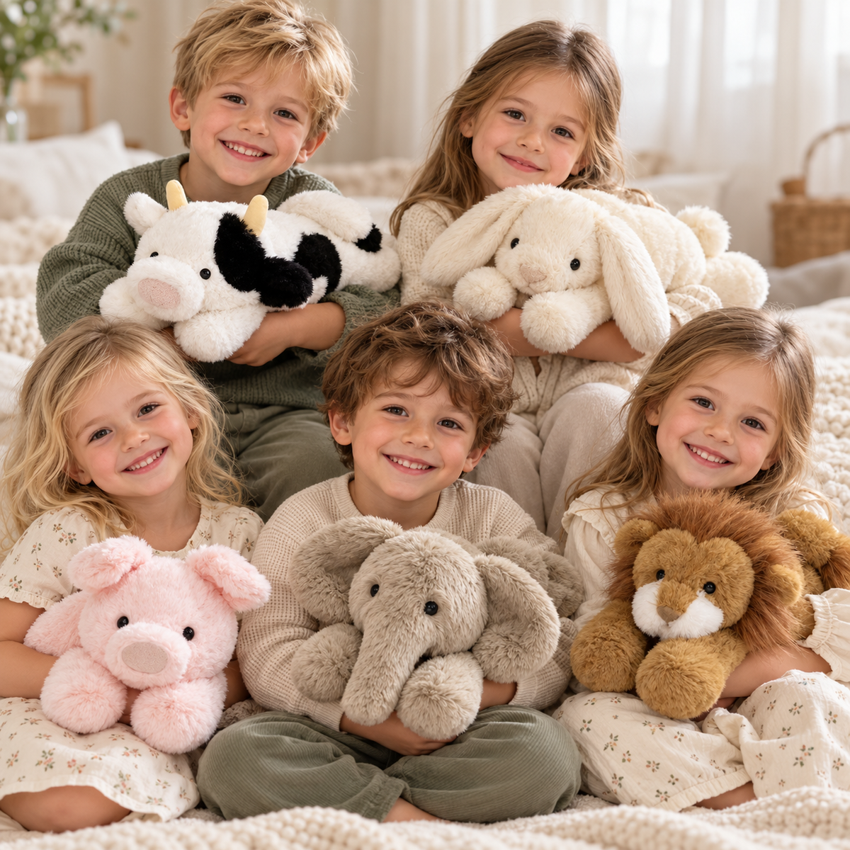 Group portrait of five children with five different Meadow Friends animal plush toys, each model sold separately.