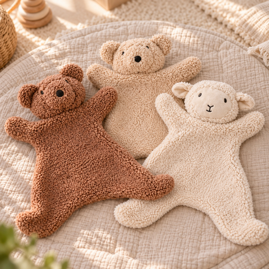 Merren comforter collection with caramel bear, oat bear and cream lamb on a linen play mat.