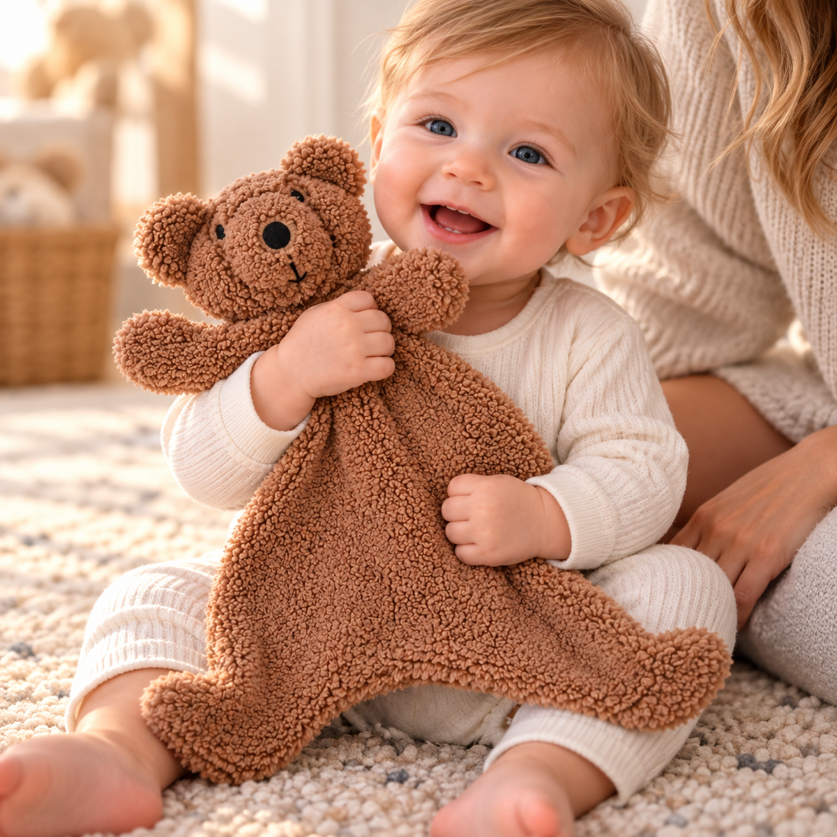 Toddler holding Merren Caramel Bear sherpa comforter beside a parent.