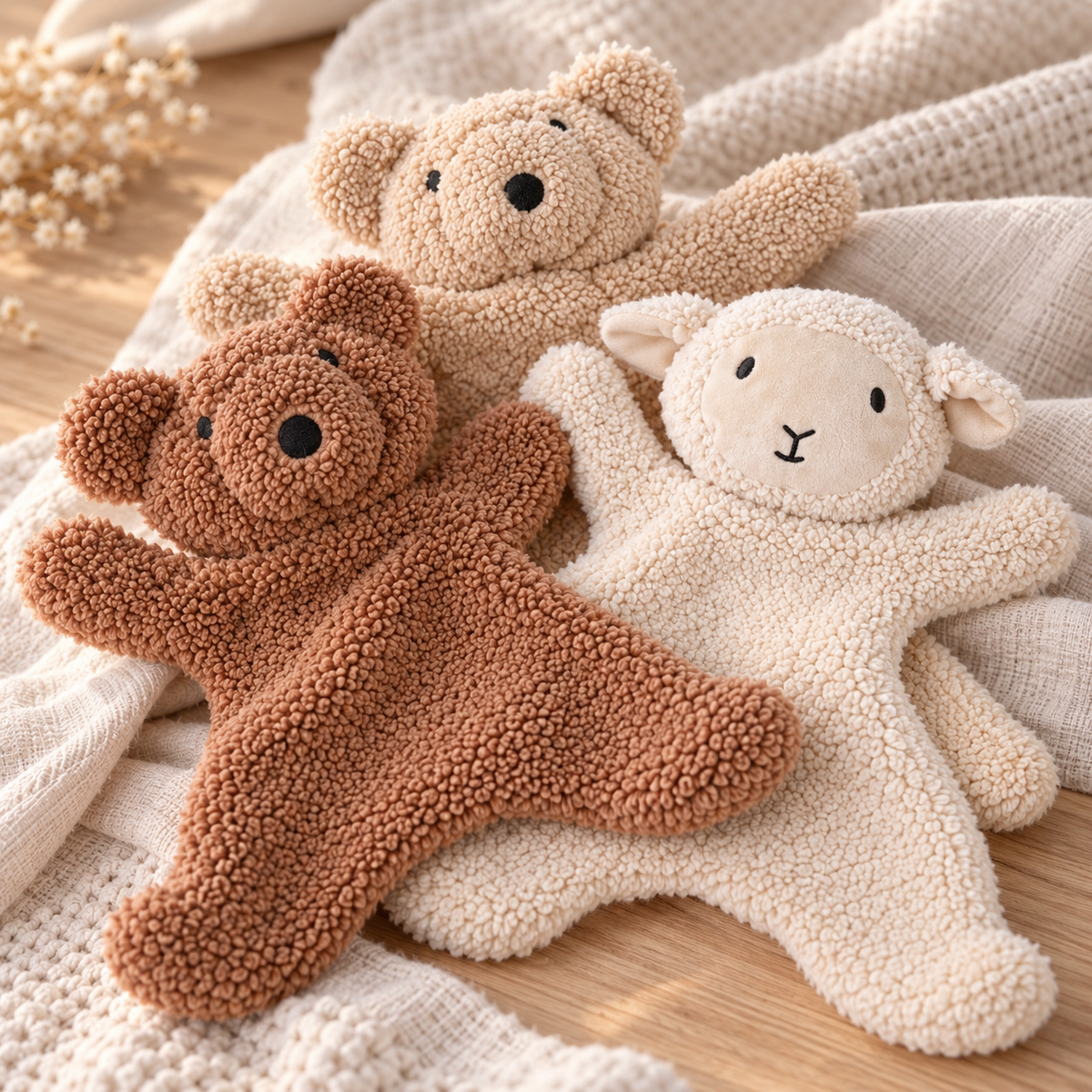 Detail of Merren caramel bear, oat bear and cream lamb comforters showing sherpa texture and embroidered faces.