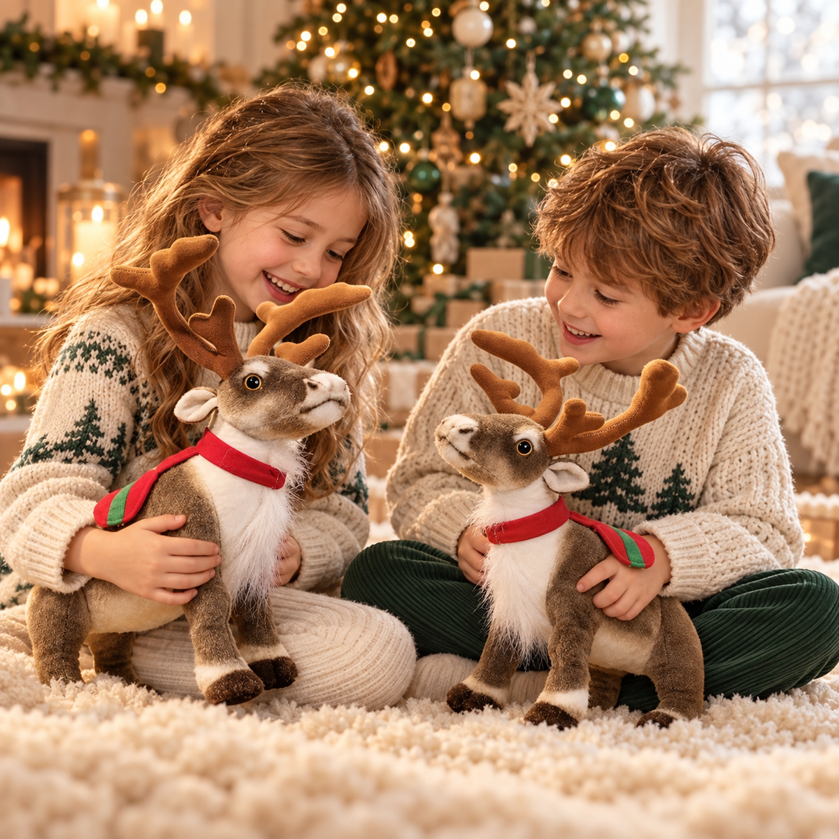 Twins playing with Noelle Christmas reindeer plush toys beside a Christmas tree