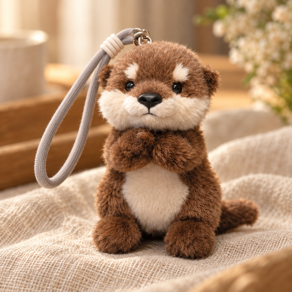 Close-up of Orrin otter plush showing its brown fur, cream muzzle and small paws.