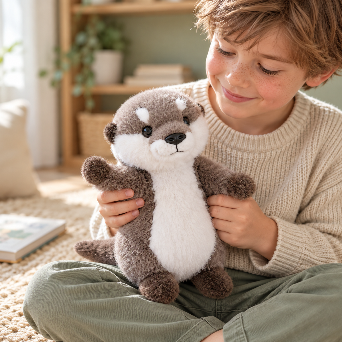 A child reading beside Oswin the otter plush in a softly lit reading nook