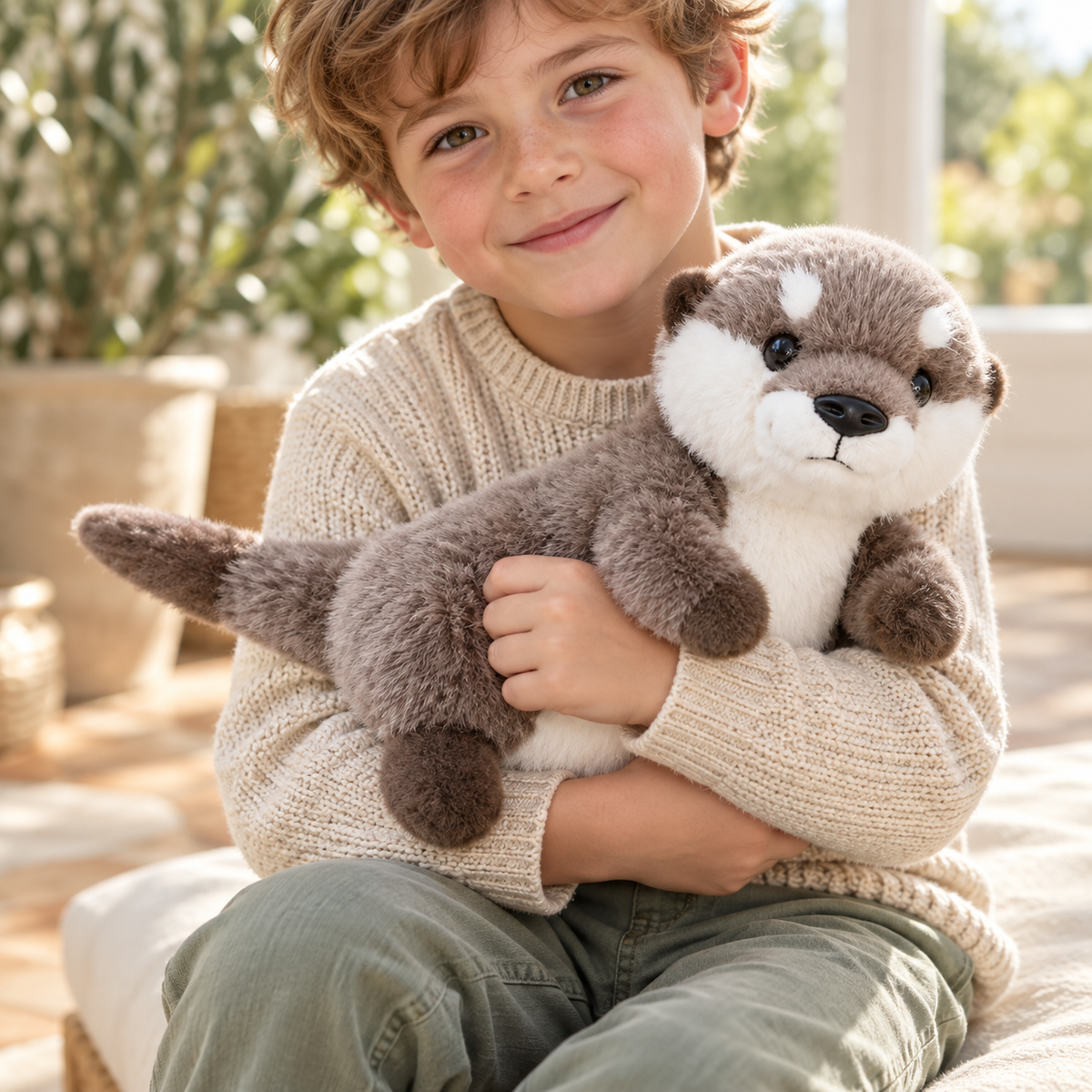 Side view of Oswin the otter plush showing its white belly and tapered tail
