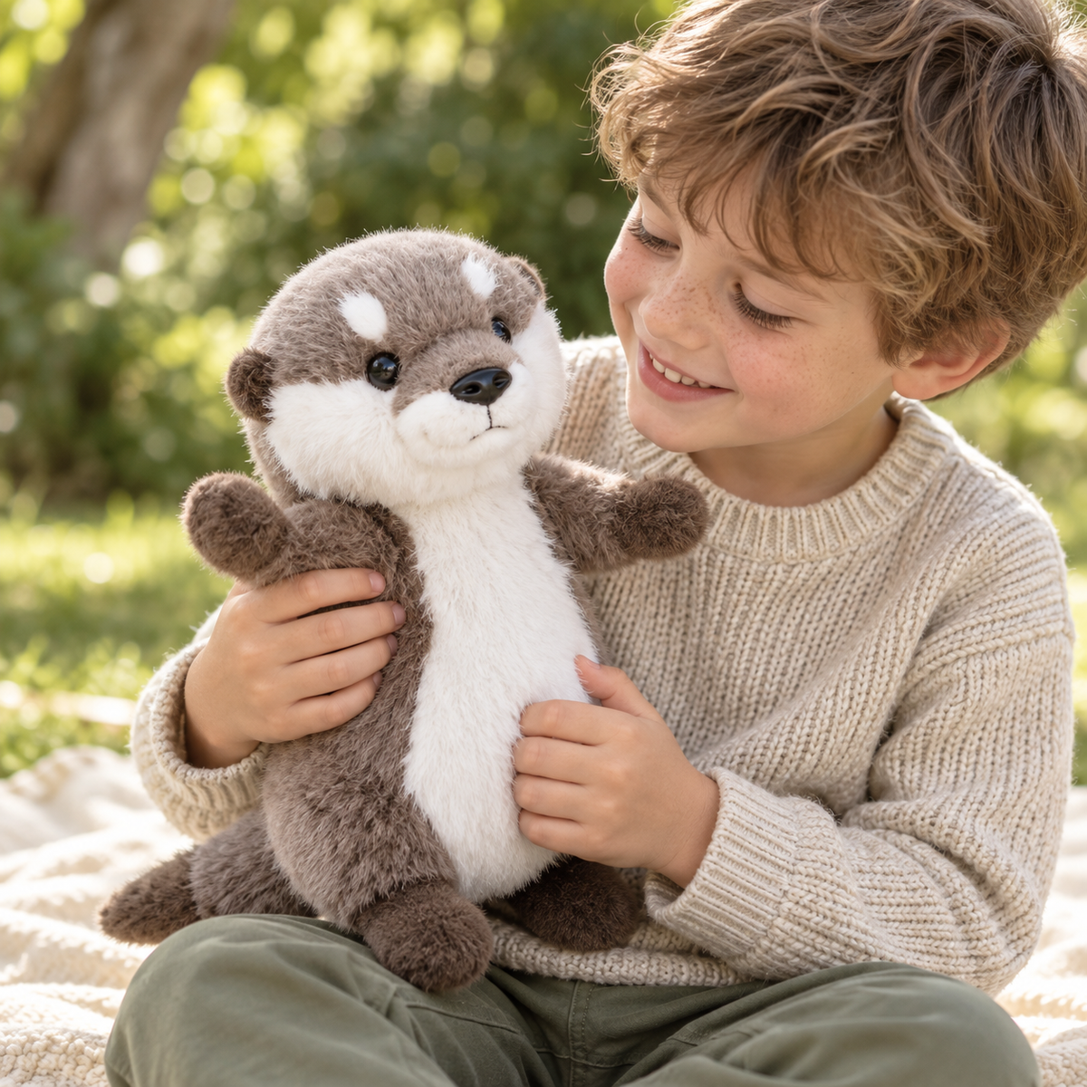 A child holding Oswin the otter plush in a sunlit garden