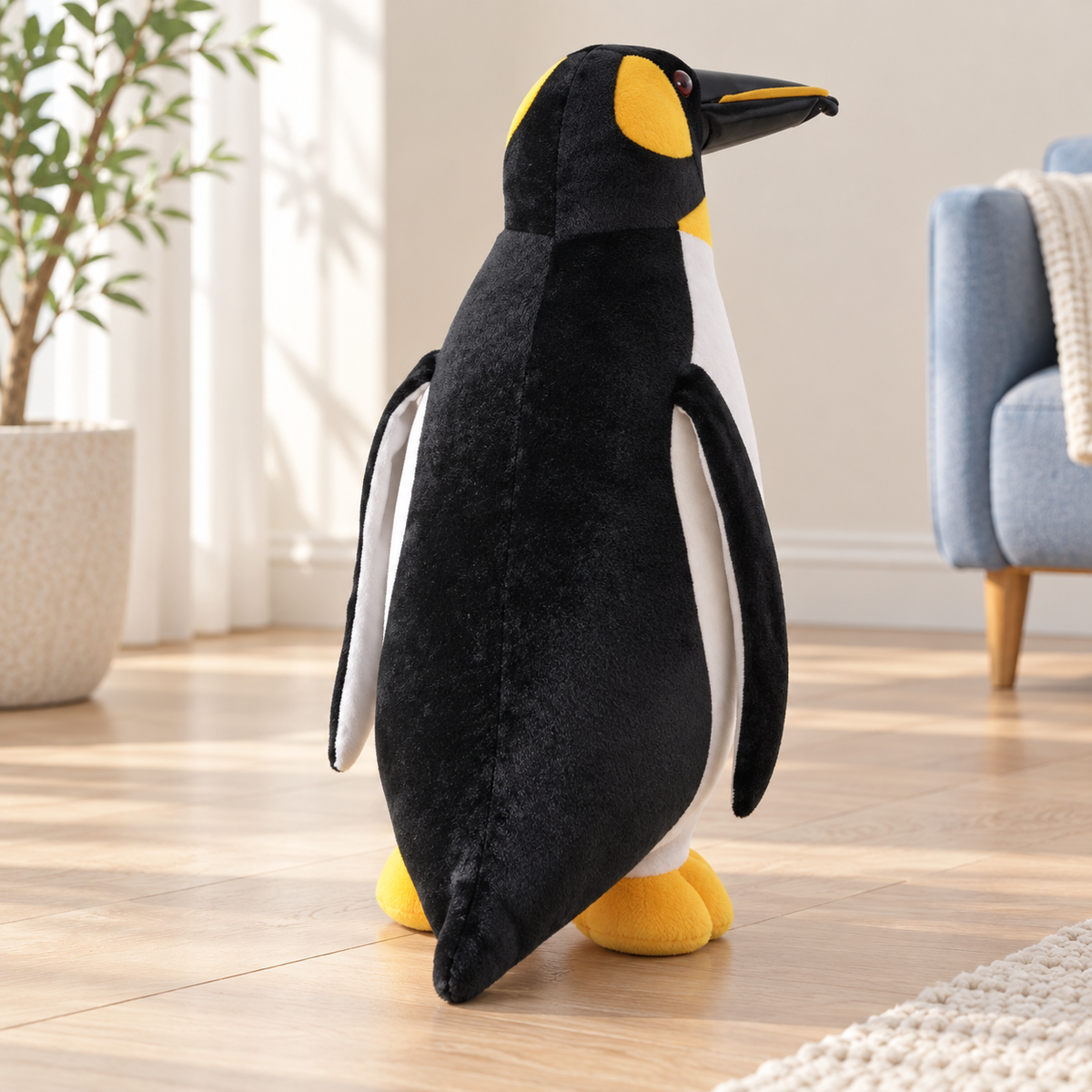 Rear view of Pippin penguin plush showing black back, tail and long flippers