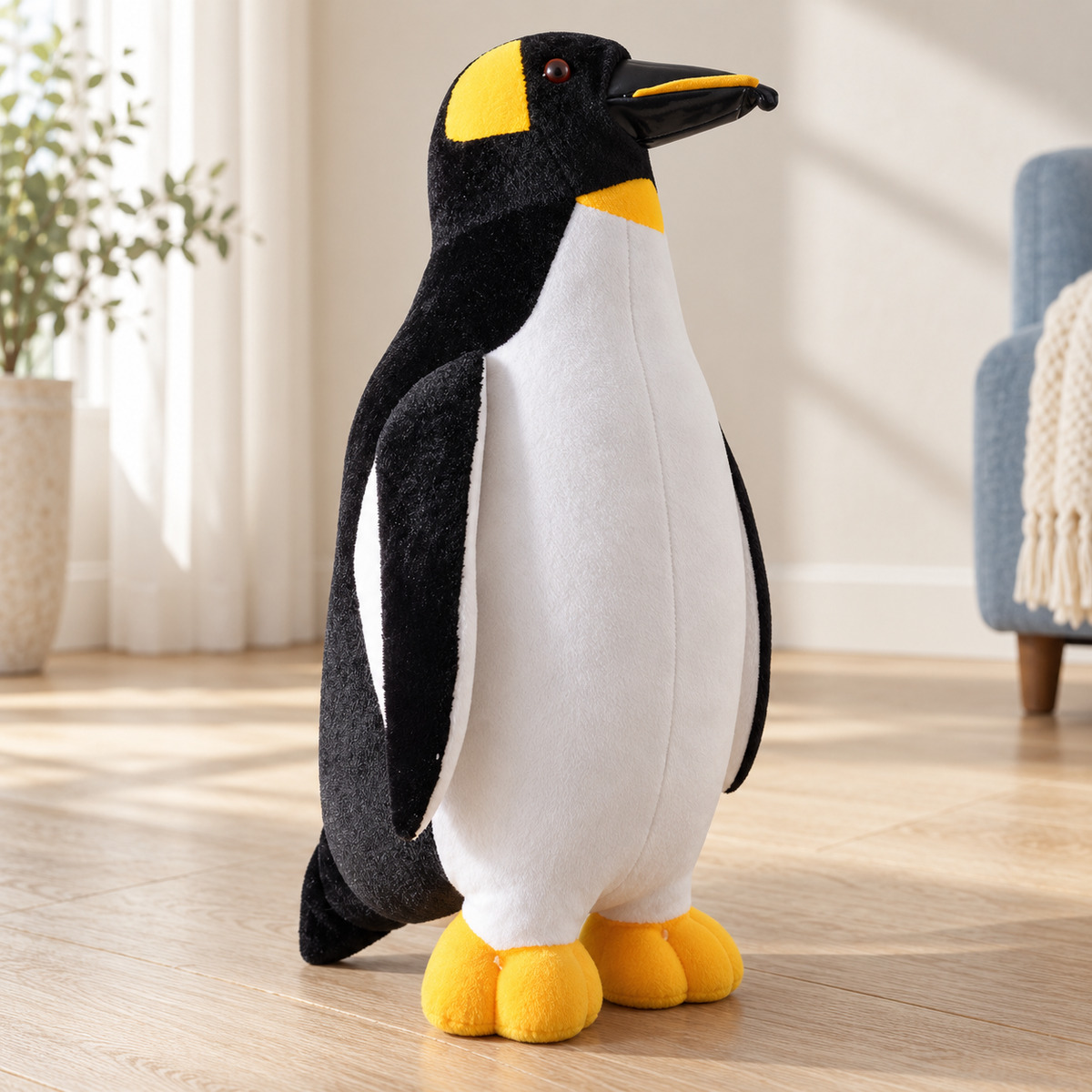 Pippin penguin plush with white belly, black flippers and yellow details