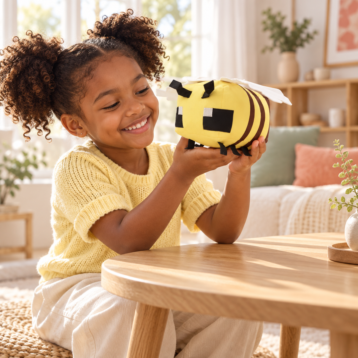 Child holding the yellow Pixie bee plush, 18 cm
