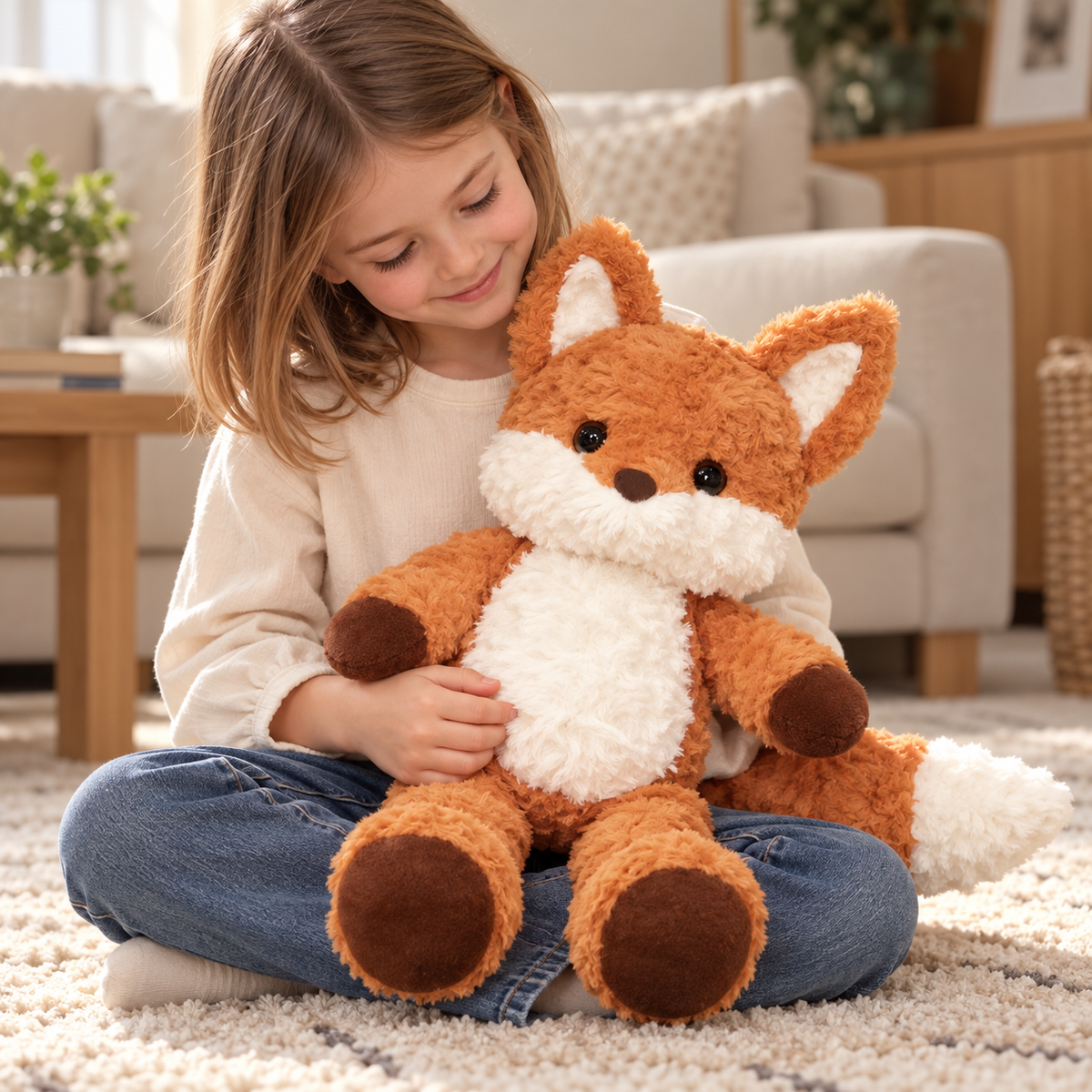 Rovan 35 cm red fox plush held by a child on a living room rug — lifestyle illustration