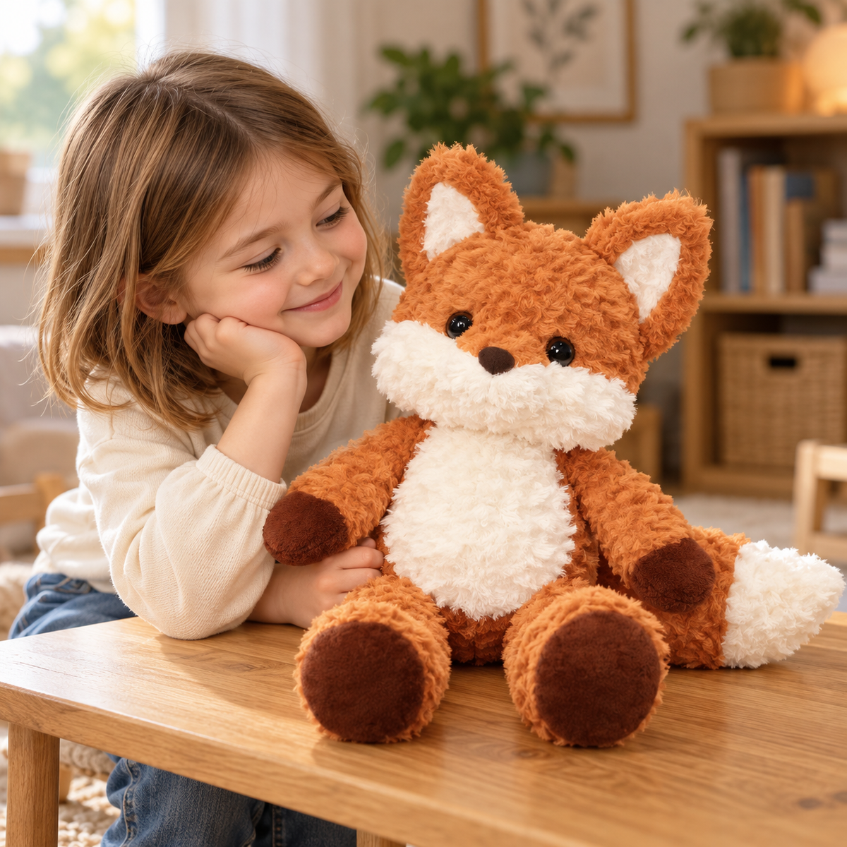 Rovan orange fox stuffed animal seated on an oak table beside a child — lifestyle illustration