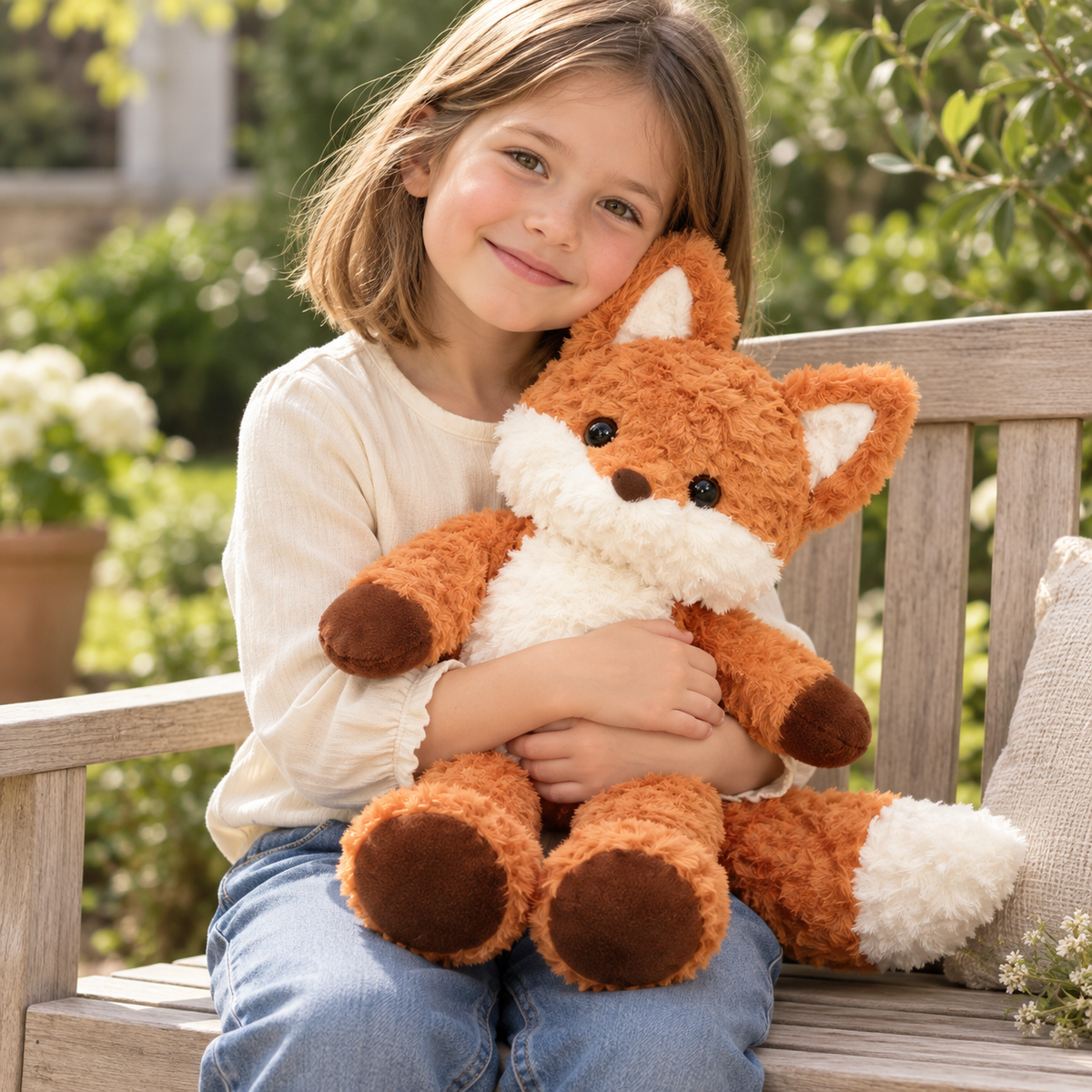 Rovan fox plush with brown paws and a white-tipped tail, held by a child in a garden — lifestyle illustration