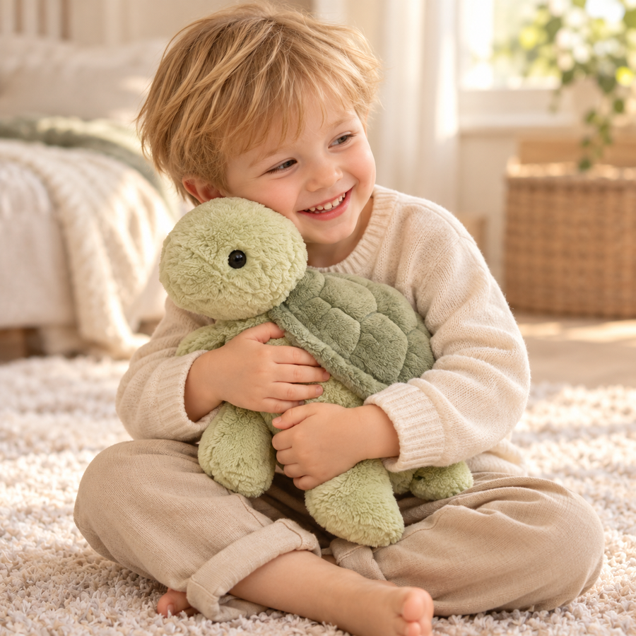Child cuddling Tavi sage green turtle plush on a cream rug.