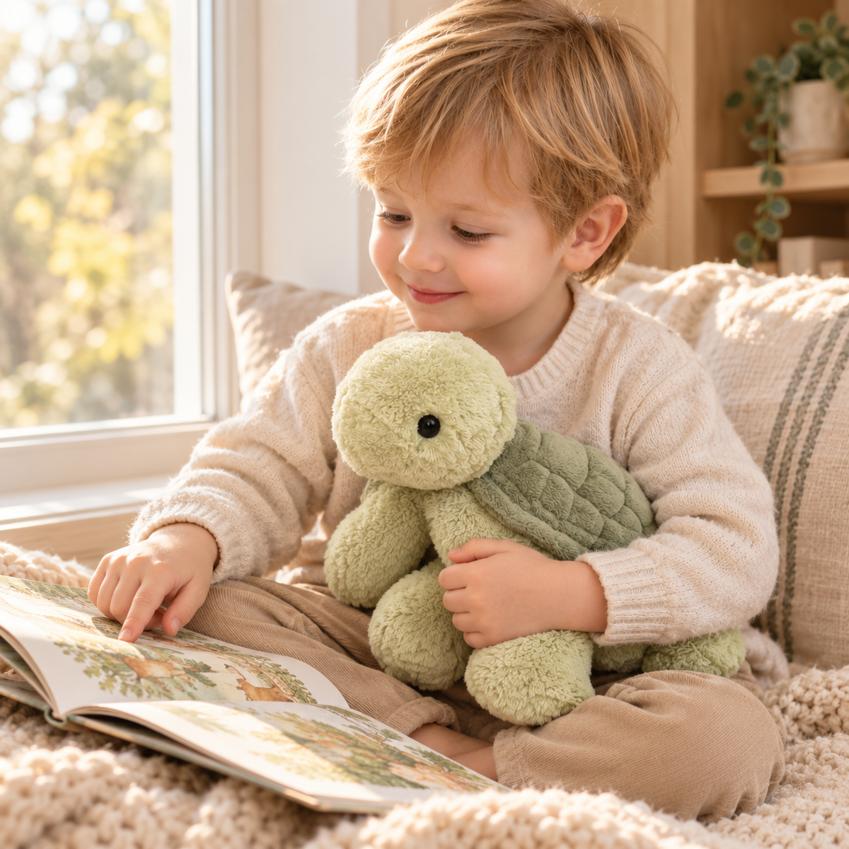 Child reading beside a window with Tavi turtle plush on their lap.