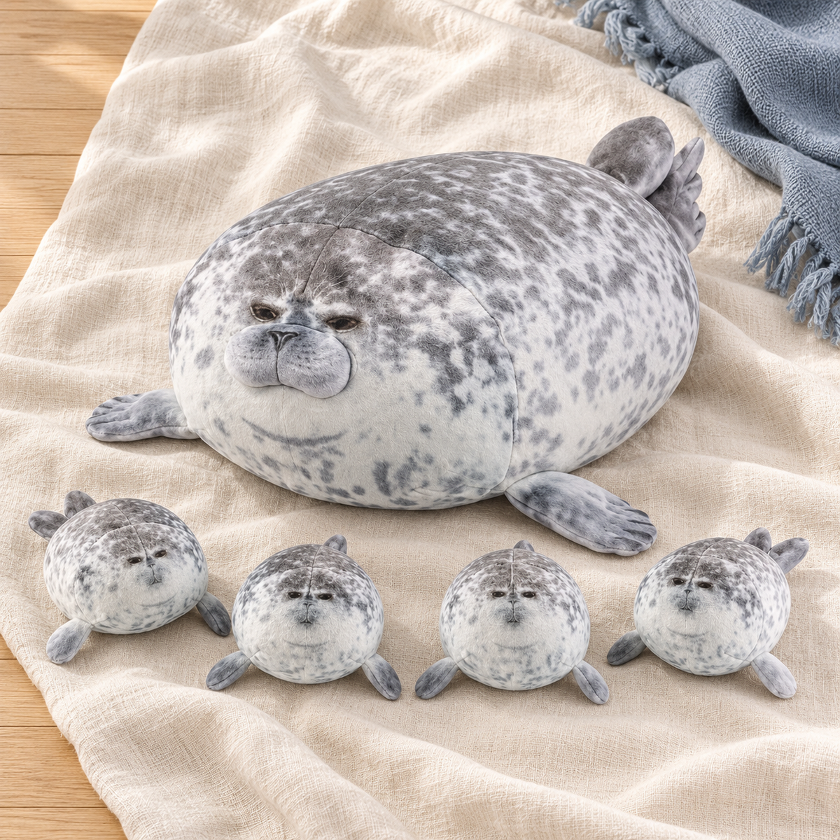 Nori five-piece seal plush family arranged together on ivory linen