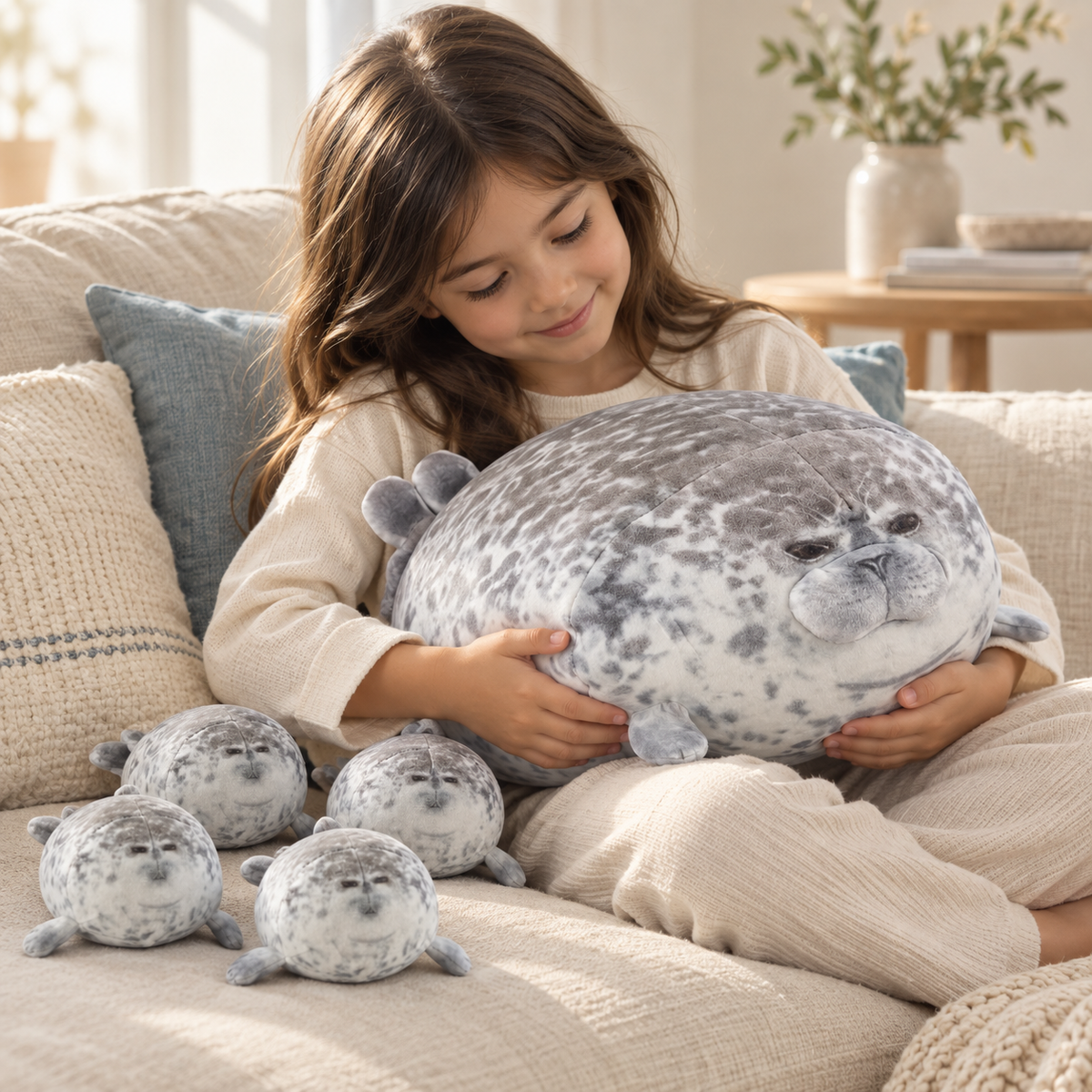 Child cuddling Nori seal plush with the four included mini seals beside them