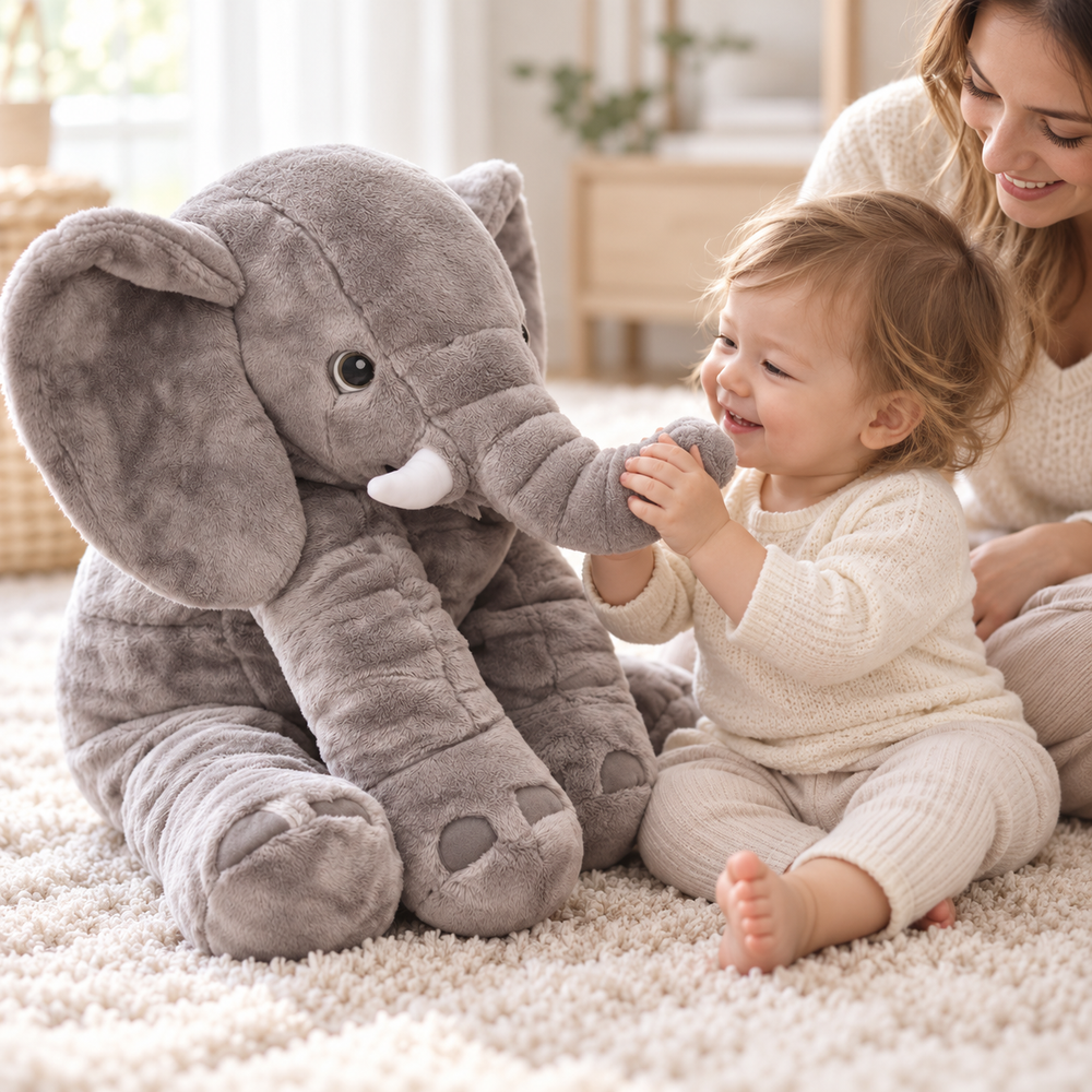 Toddler playing with Alden grey elephant plush beside a parent.