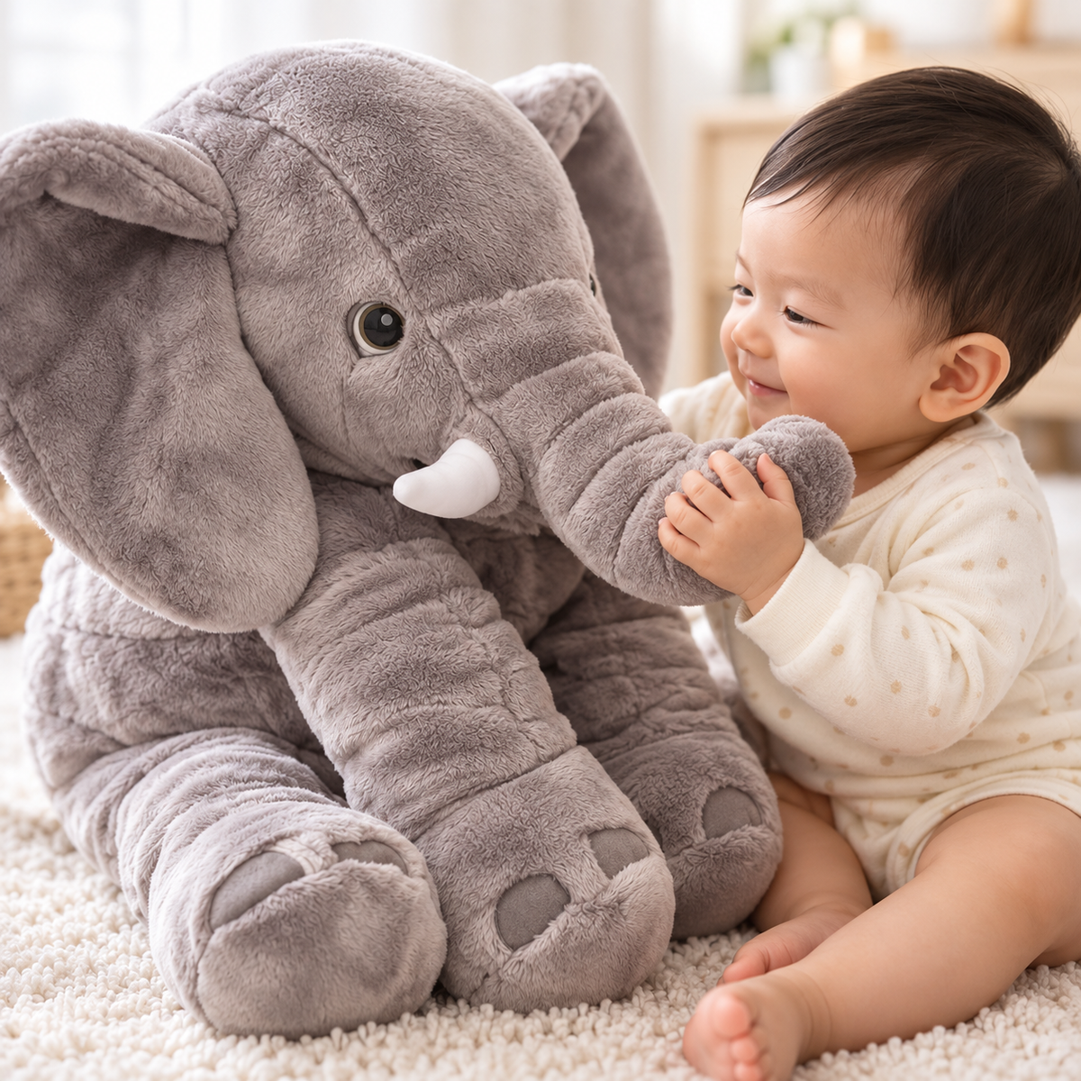 Close view of a toddler touching Alden elephant plush, showing its soft grey trunk and ivory tusk.