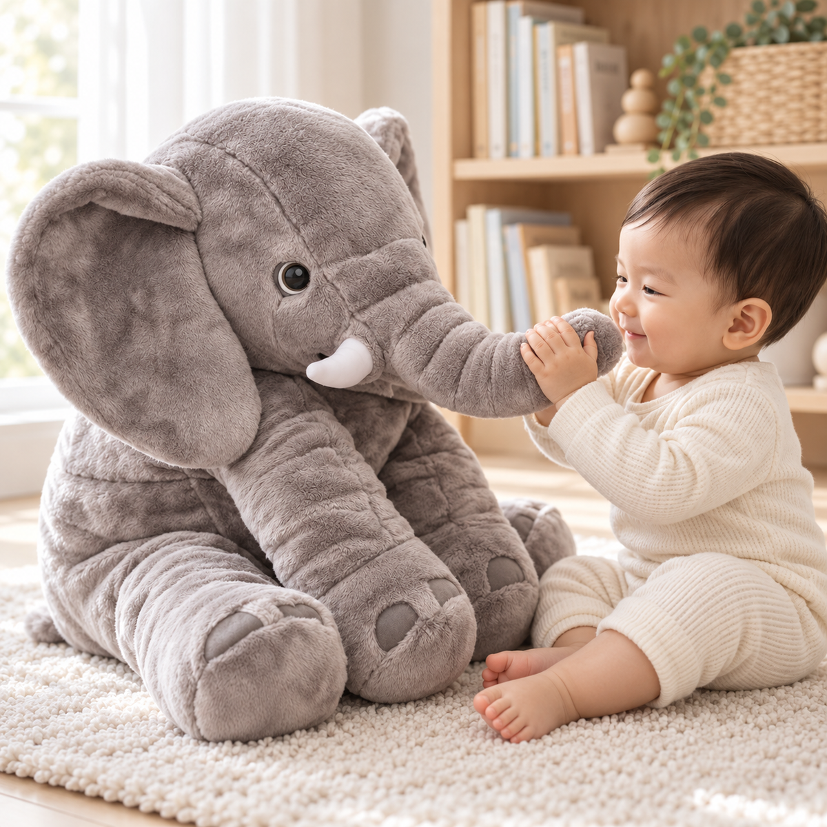 Alden grey elephant plush beside a smiling toddler in a bright playroom.