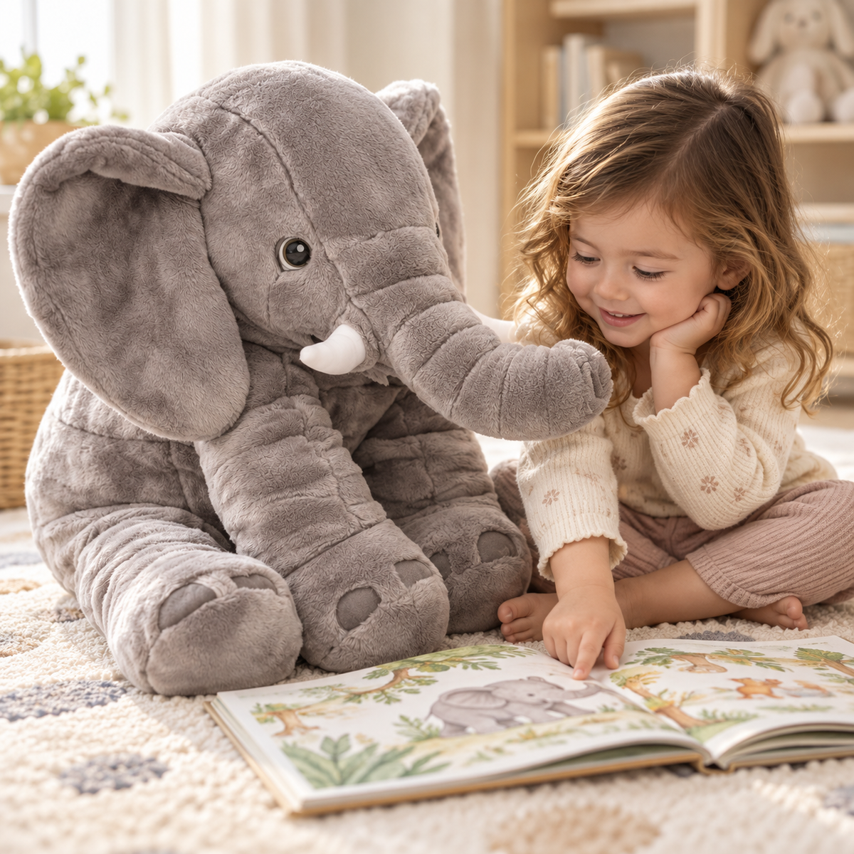 Child reading a picture book beside Alden grey elephant plush on a playroom rug.