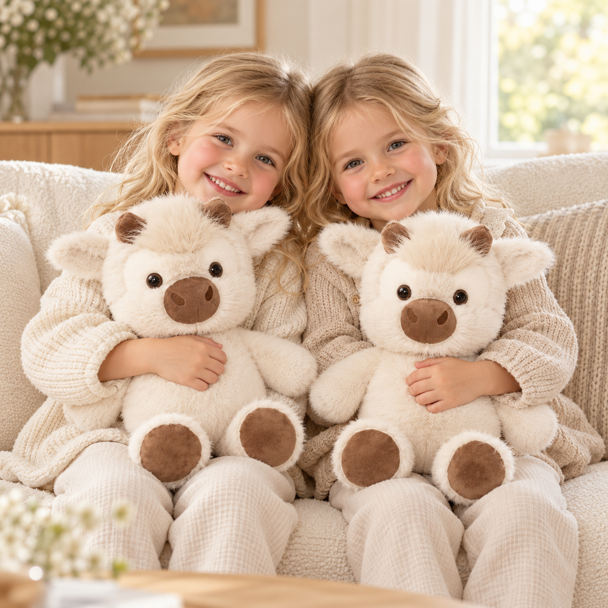 Twin children holding two Bovey cream cow plush toys on a sofa, 45 cm each.