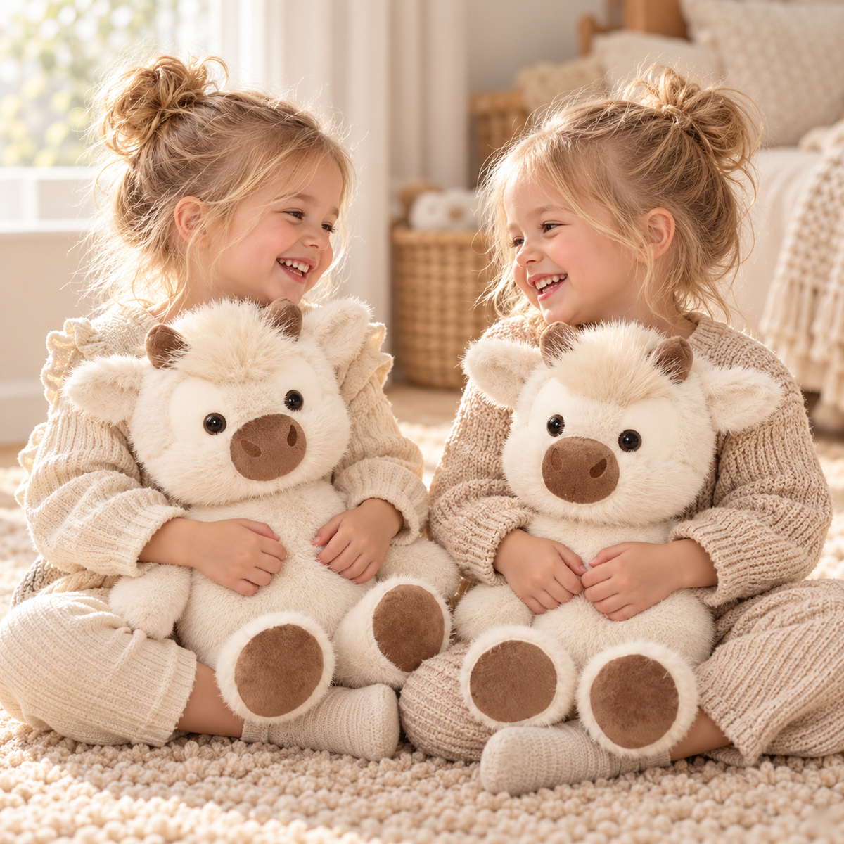 Twins laughing with matching Bovey cream cow plush toys on their laps.