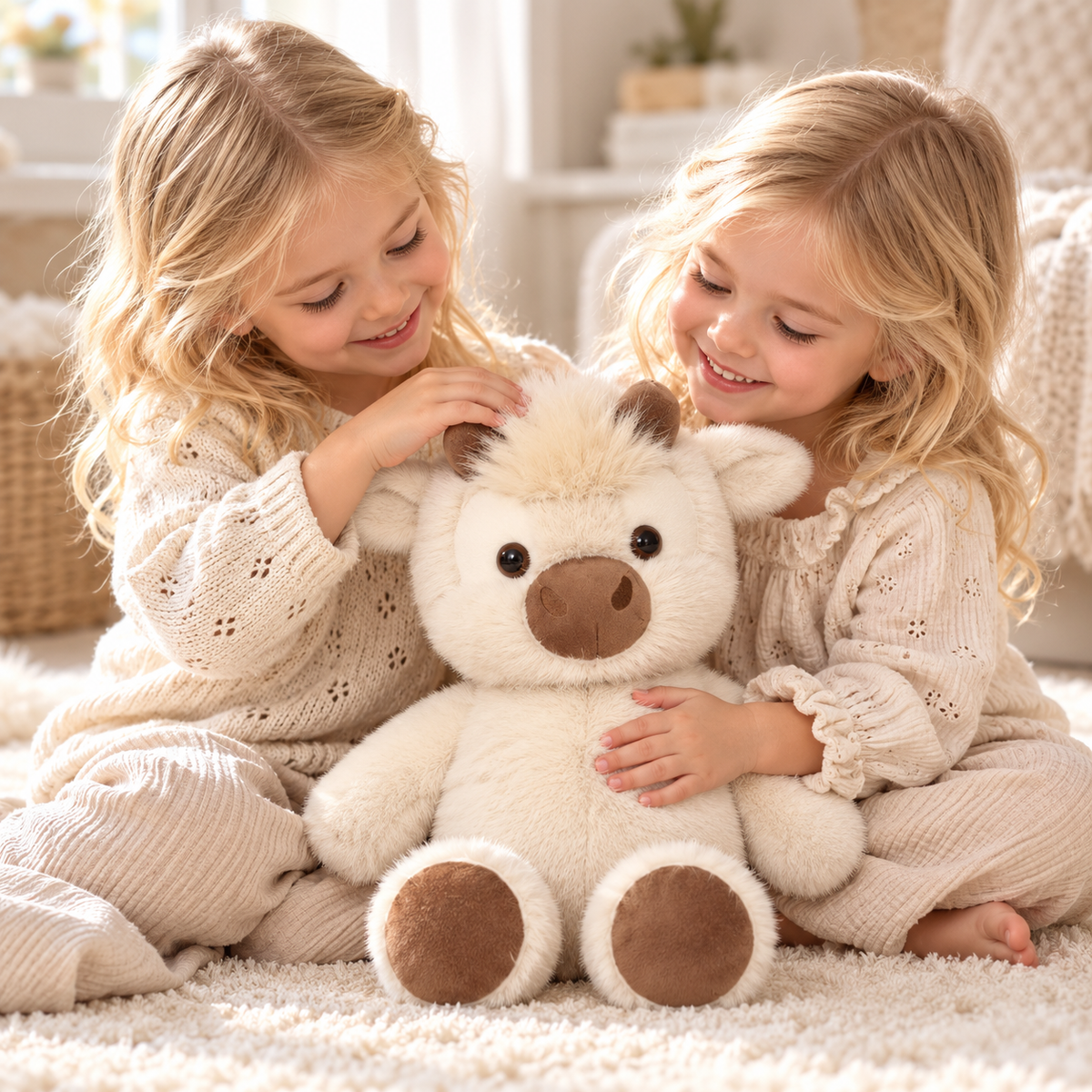Two twins sharing one Bovey 45 cm cream cow plush with brown muzzle and feet.