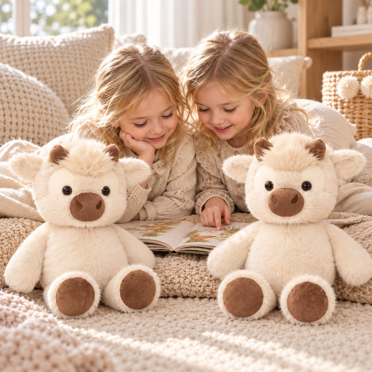 Two Bovey cream cow plush toys beside twin children reading together, showing the matching duo.