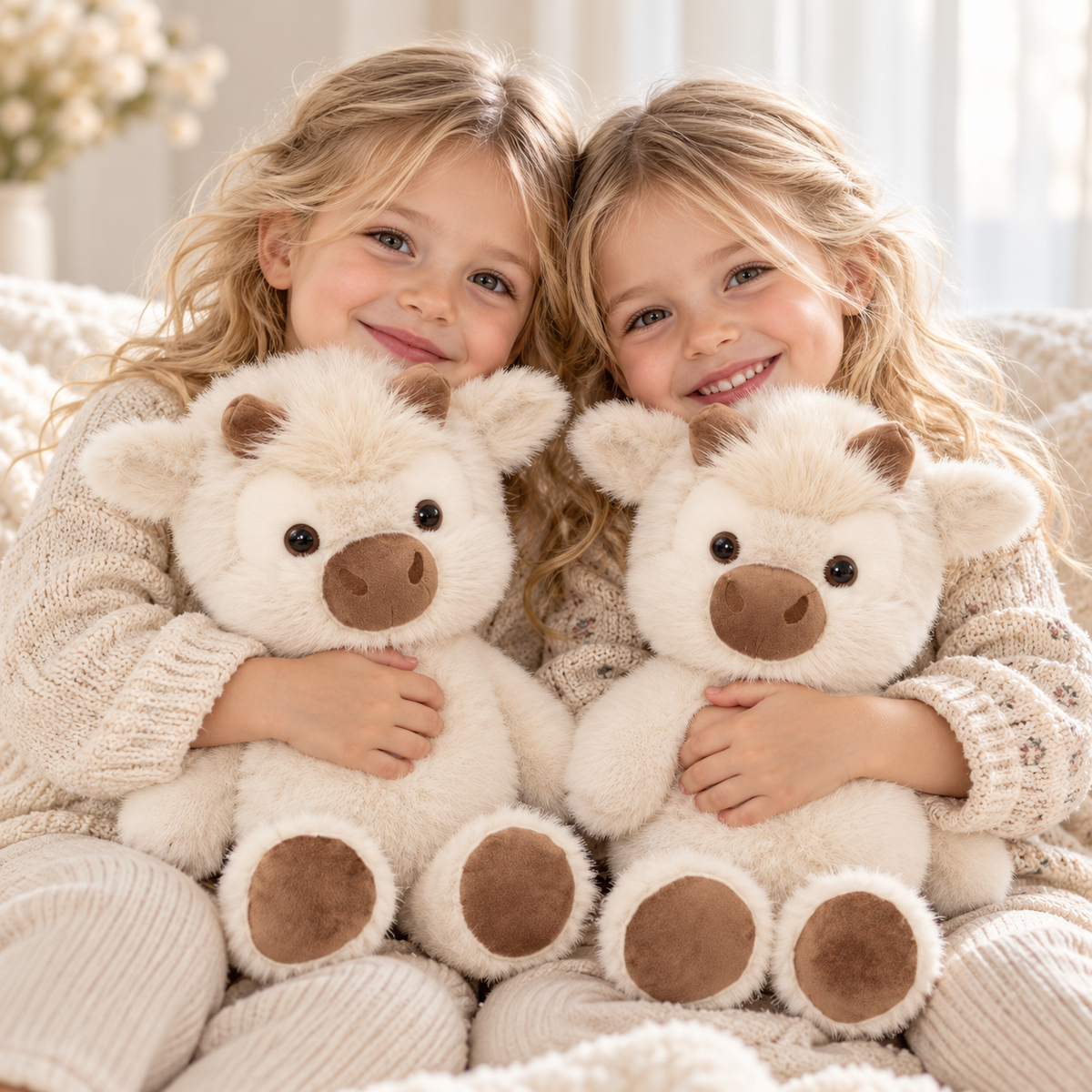 Close-up of twins hugging matching Bovey cream cow plush toys with fluffy forelocks and brown foot pads.