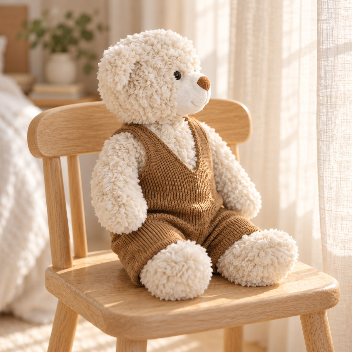 Bramwell cream teddy bear in caramel knit overalls seated on an oak chair.