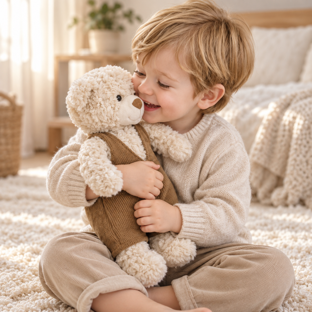 Child cuddling Bramwell cream teddy bear in caramel overalls.