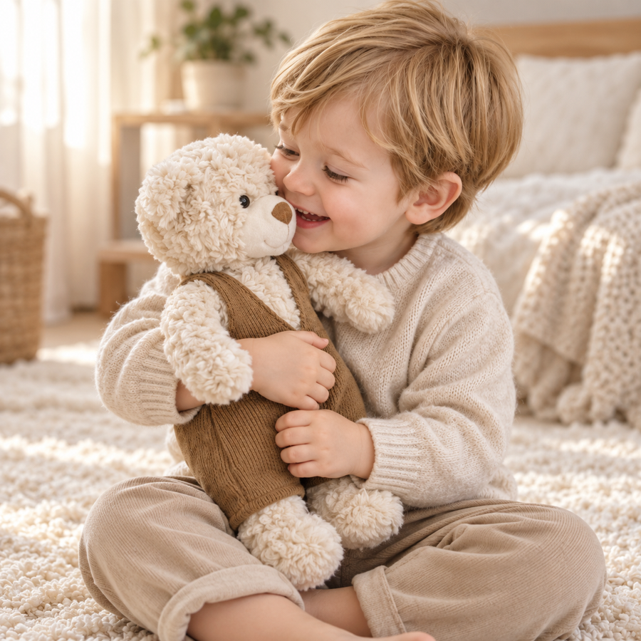 Child cuddling Bramwell cream teddy bear in caramel overalls.