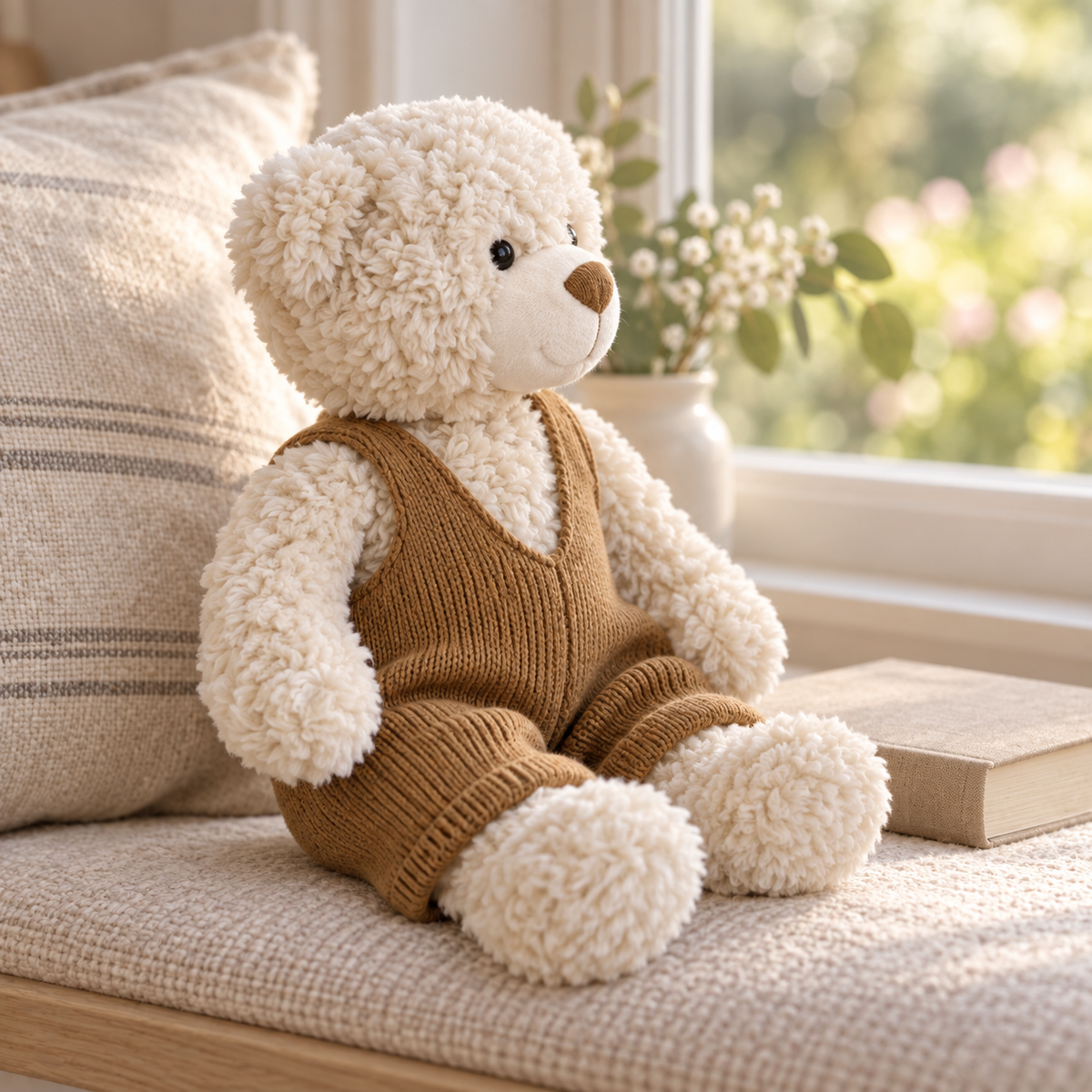 Bramwell cream teddy bear sitting beside a book on a sunlit window bench.