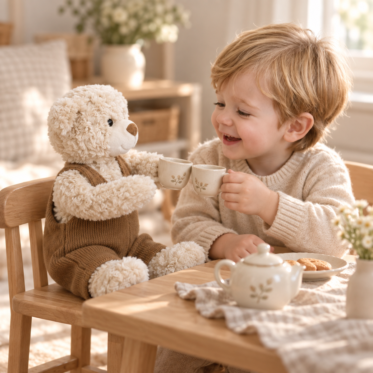 Child sharing a pretend tea party with Bramwell teddy bear.