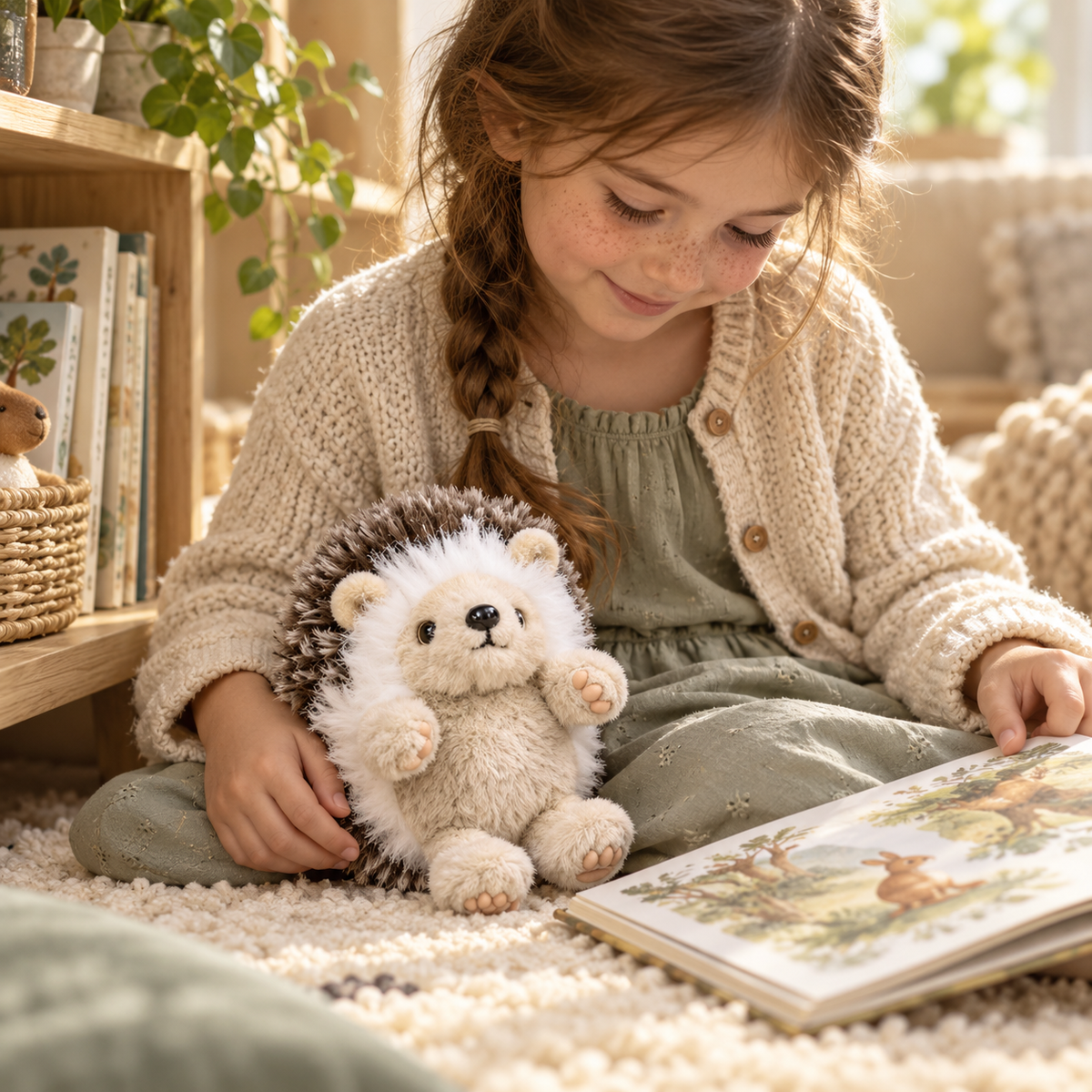 Briar hedgehog plush beside a child reading on a cream rug.