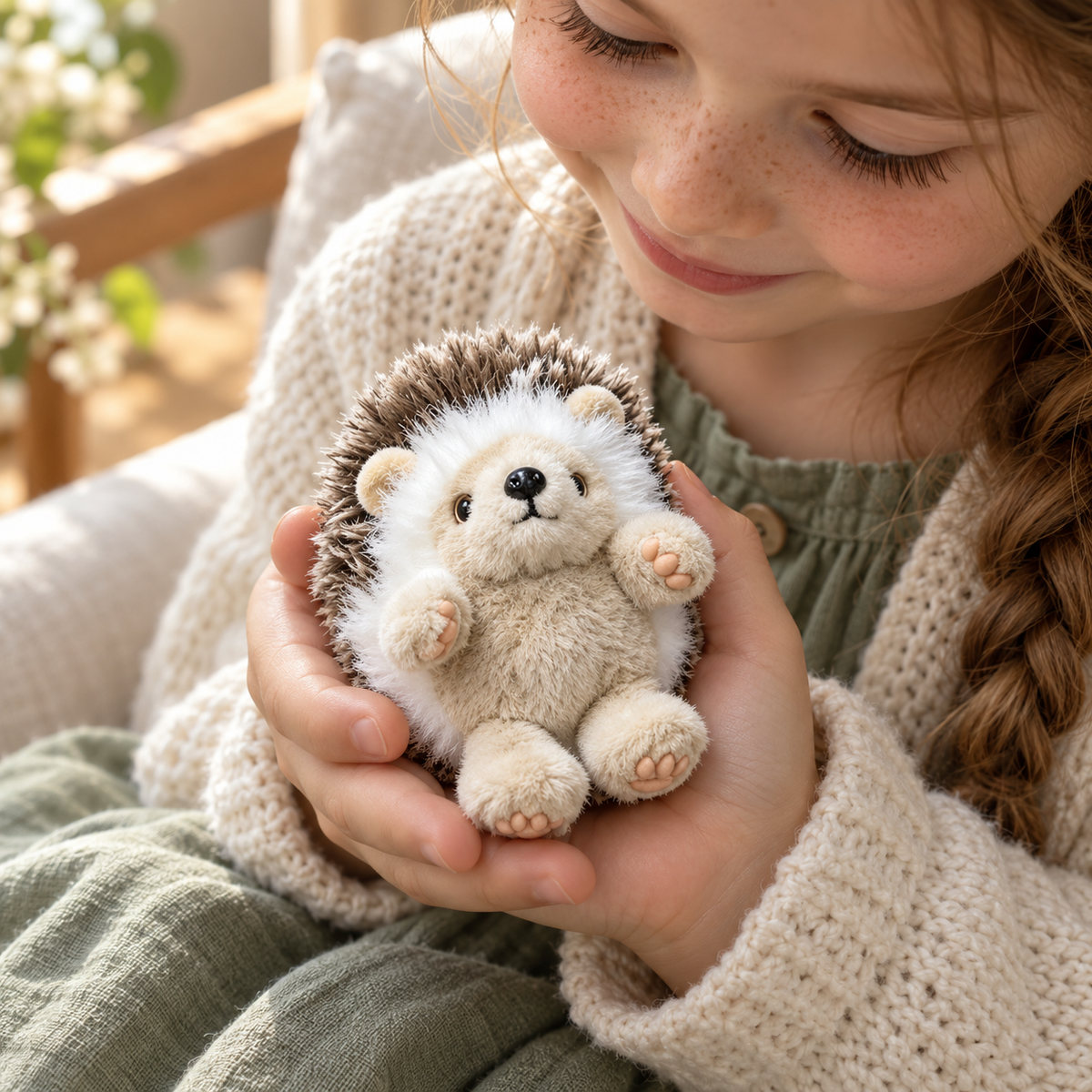 Close-up of the small Briar hedgehog plush resting in cupped hands.